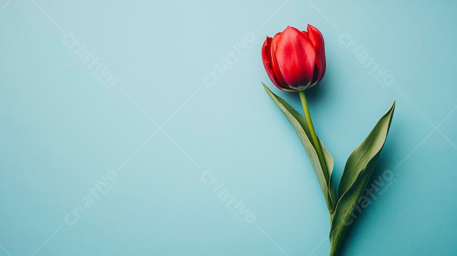 Tulipa vermelha vibrante sobre fundo azul claro minimalista