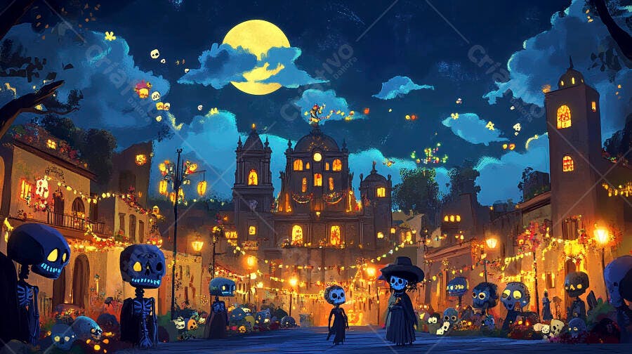 Celebração Dia de Muertos com esqueletos coloridos em rua mexicana à noite sob lua cheia