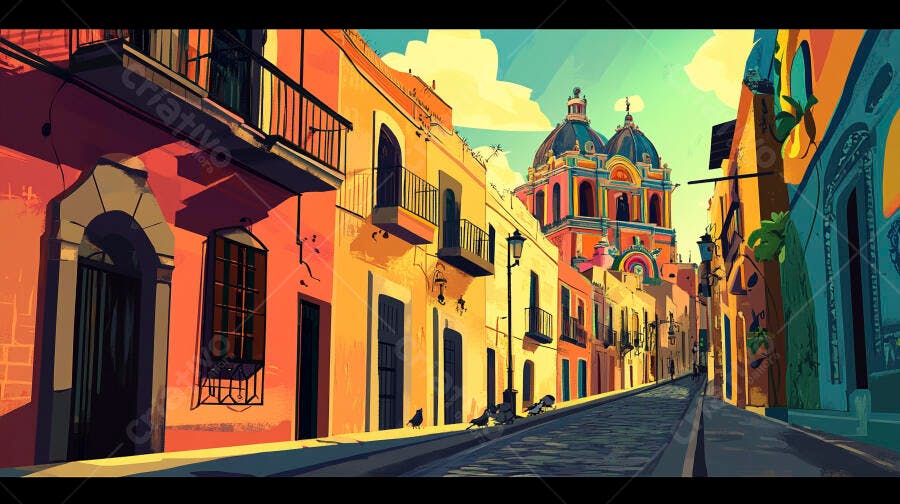 Rua colorida de cidade histórica com prédios vibrantes e igreja de cúpulas azuis