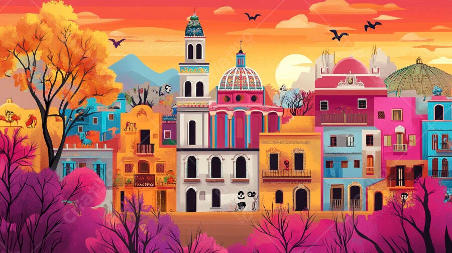 Cidade colorida vibrante ao pôr do sol com arquitetura mexicana