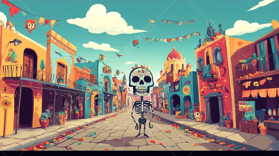 Esqueleto Calavera Catrina em rua mexicana colorida Dia de Muertos