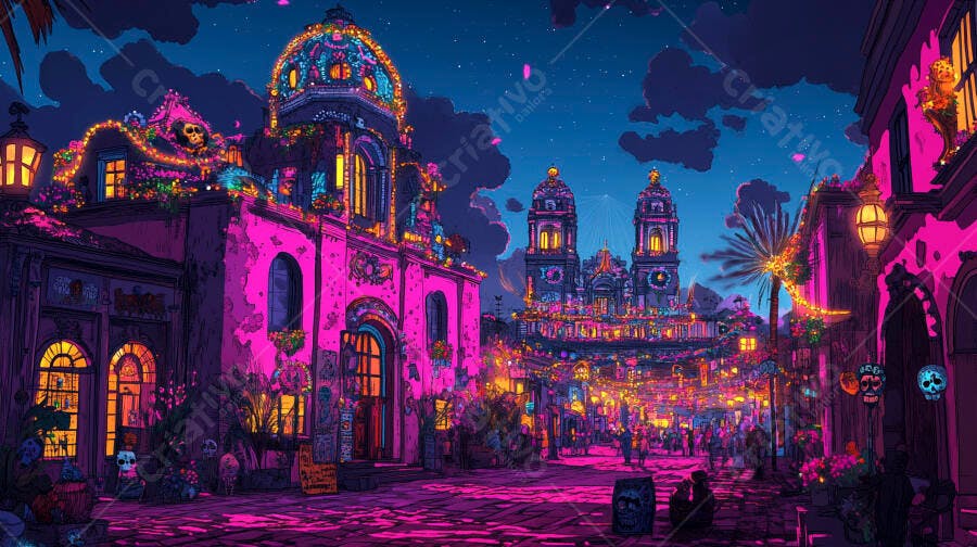 Rua festiva mexicana com caveiras coloridas edifícios rosa neon luzes noturnas