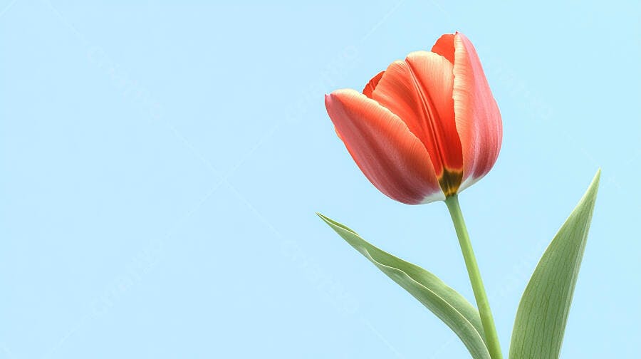 Tulipa vermelha vibrante com caule verde em fundo azul claro