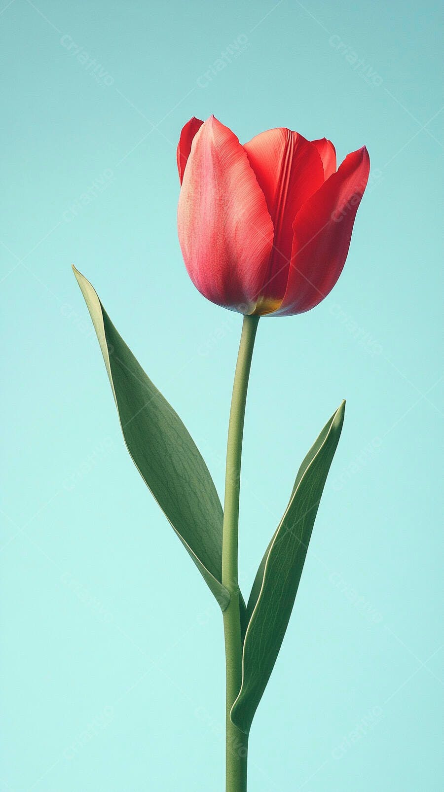 Tulipa vermelha vibrante sobre fundo azul claro em estúdio minimalista