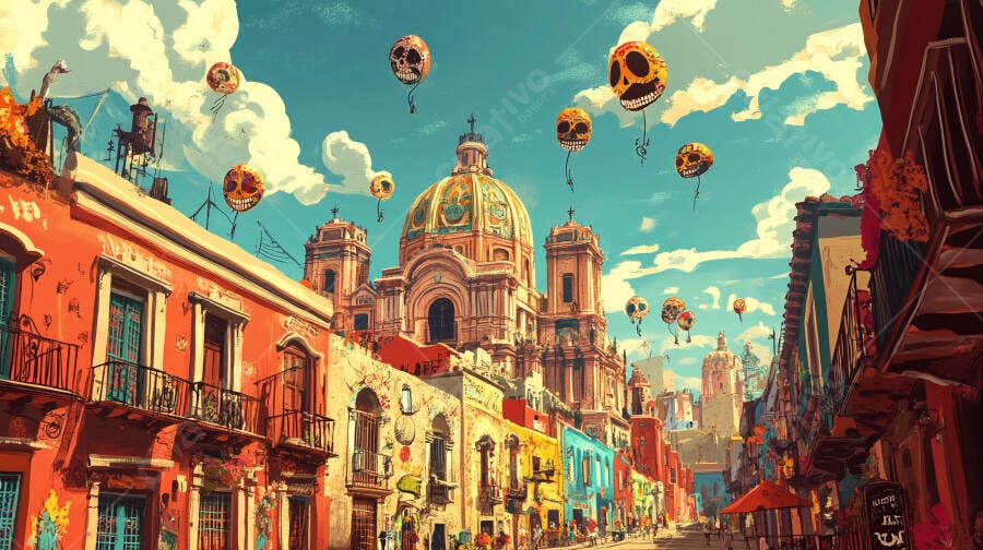 Rua colorida com balões de caveira e catedral mexicana dia dos mortos