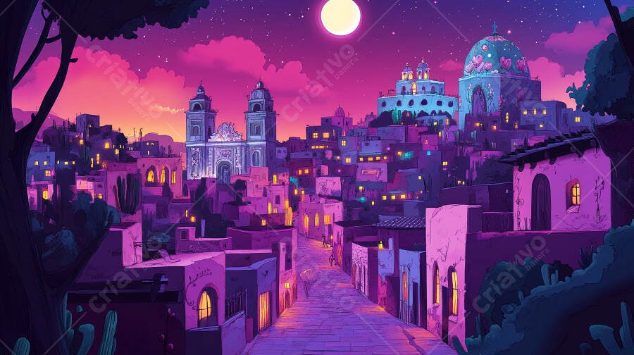 Cidade vibrante à noite com lua cheia céu estrelado e arquitetura colorida