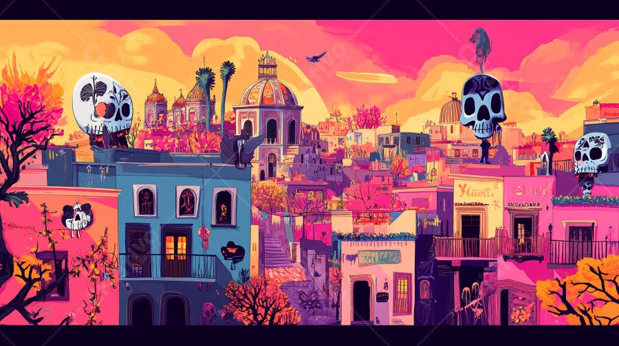 Paisagem urbana mexicana vibrante com caveiras de açúcar e edifícios coloridos