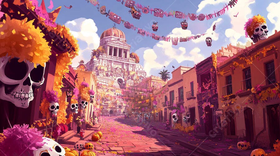 Rua mexicana decorada para Dia dos Mortos com calaveras e flores coloridas