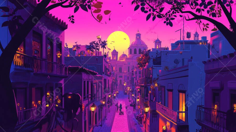 Rua antiga colorida com pôr do sol roxo e rosa em cidade europeia fantástica