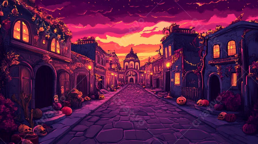 Rua noturna de Halloween em vila antiga com abóboras, caveiras e céu roxo vibrante