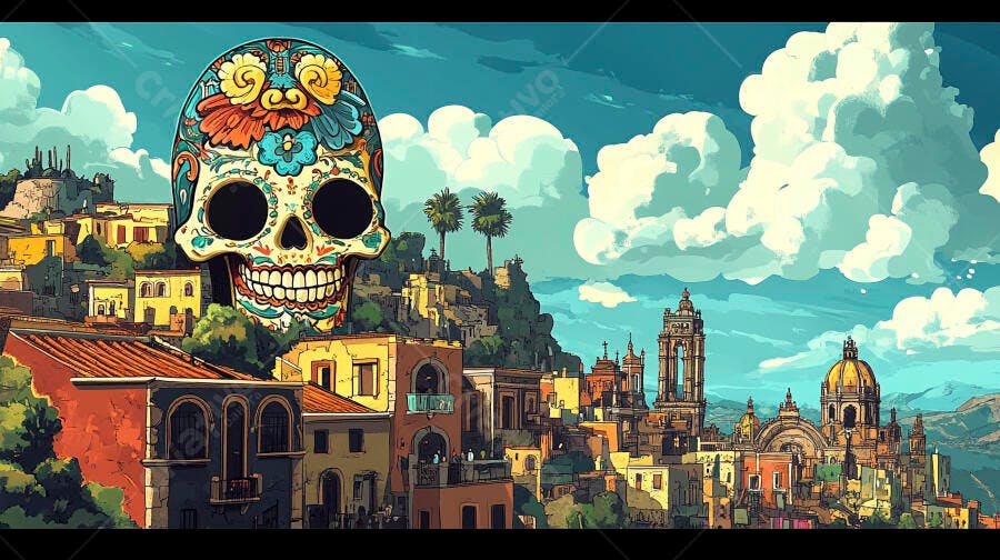 Caveira mexicana colorida sobre cidade tradicional do México para o Dia dos Mortos