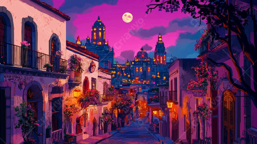 Cidade antiga iluminada com lua cheia céu roxo e prédios vibrantes à noite