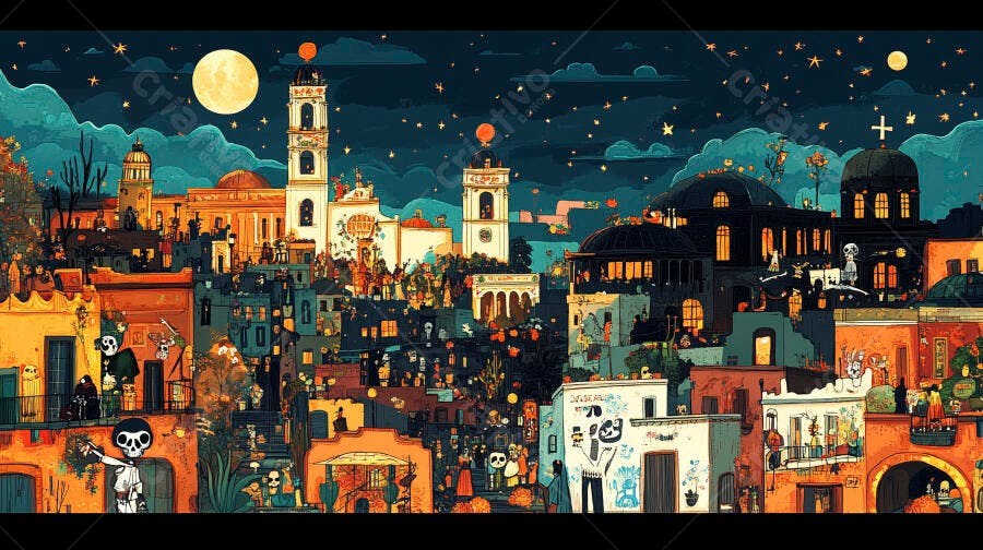 Cidade mexicana colorida celebrando Dia de los Muertos à noite sob lua cheia