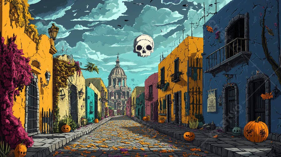 Rua mexicana colorida com abóboras e caveira flutuante para Dia de Muertos