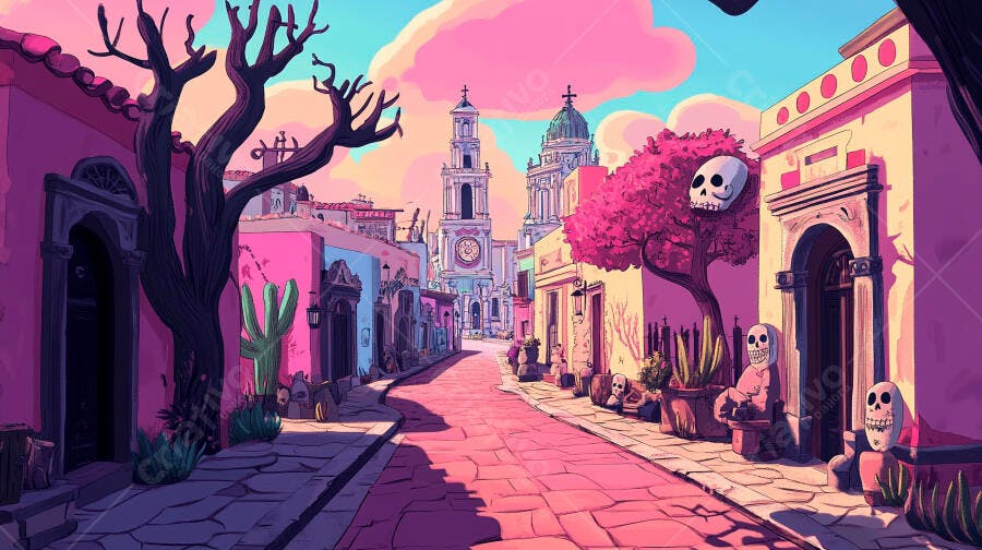Rua colorida de cidade mexicana com edifícios vibrantes e caveiras decorativas