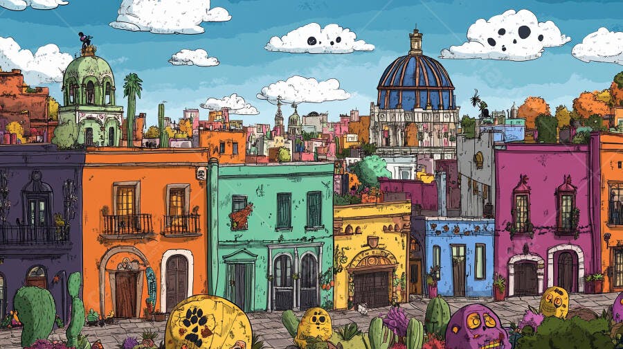 Cidade mexicana colorida arquitetura vibrante com caveiras e cactos