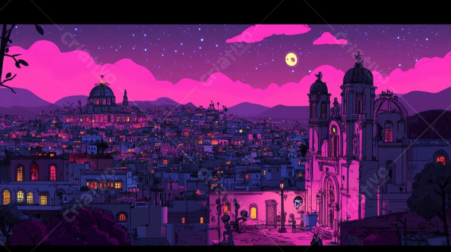 Cidade mágica noturna com edifícios históricos e céu estrelado rosa neon