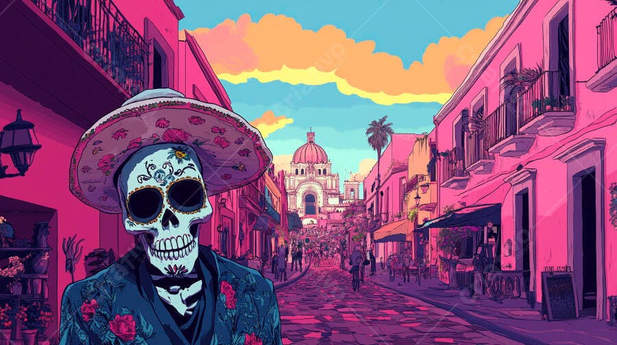 Calavera festiva com sombrero floral em rua colorida mexicana com igreja