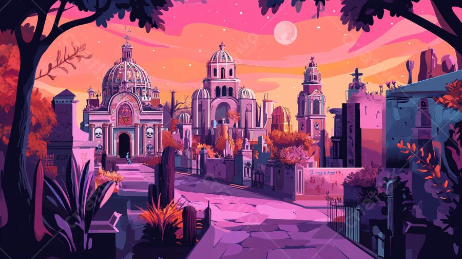 Cidade fantástica com arquitetura rosa e roxa decorada com caveiras ao pôr do sol