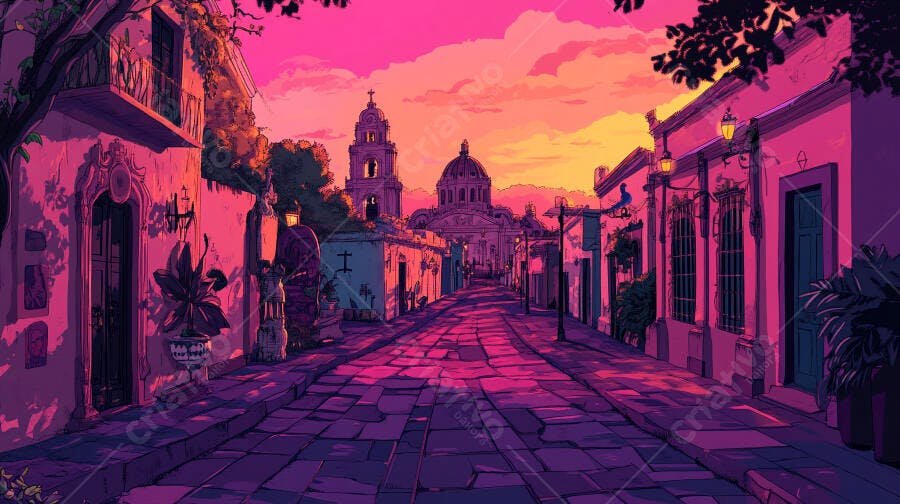Rua histórica com prédios coloridos e catedral ao pôr do sol vívido