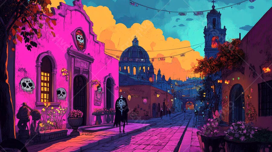 Rua colorida mexicana com decorações Dia de los Muertos e figura de esqueleto ao anoitecer