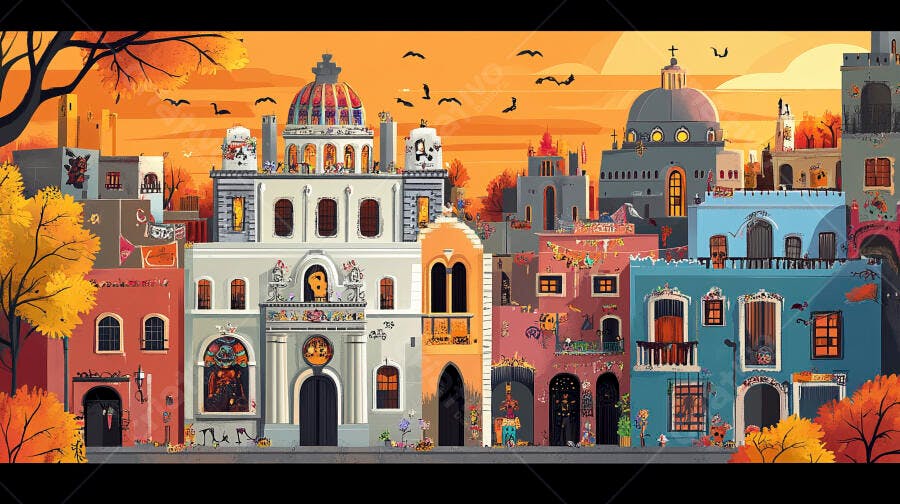 Cidade colorida com arquitetura colonial em tons laranja no entardecer outonal