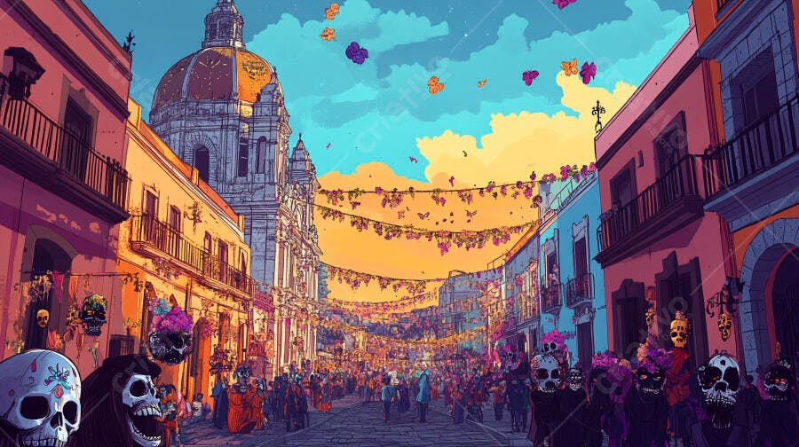 Rua festiva do Dia de los Muertos com edifícios coloridos e caveiras decoradas ao por do sol