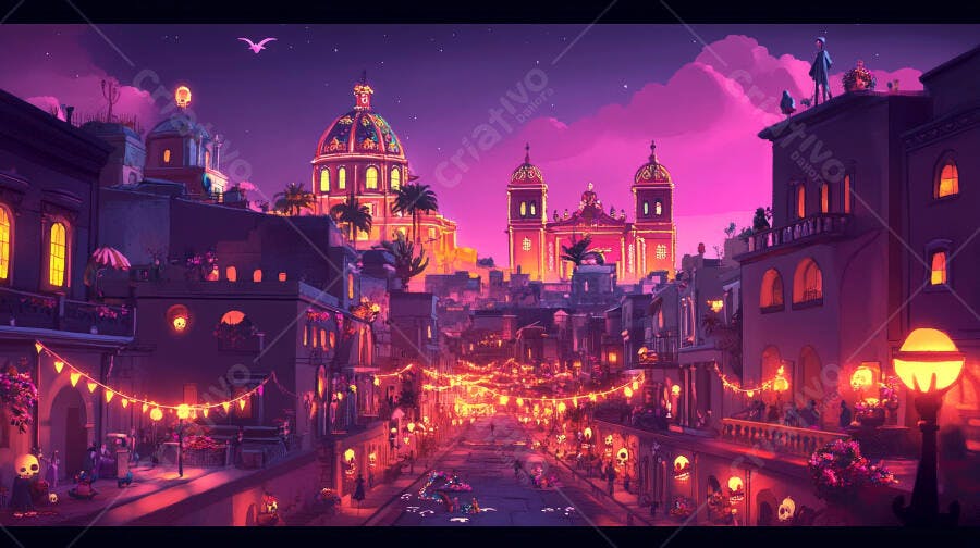 Cidade vibrante noturna com rua decorada para festa mexicana