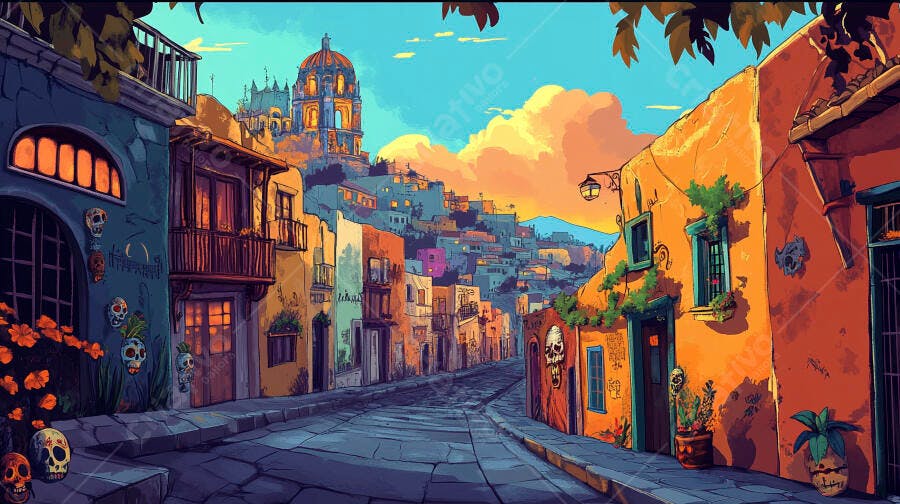 Rua mexicana colorida com caveiras festivas igreja e arquitetura vibrante ao pôr do sol