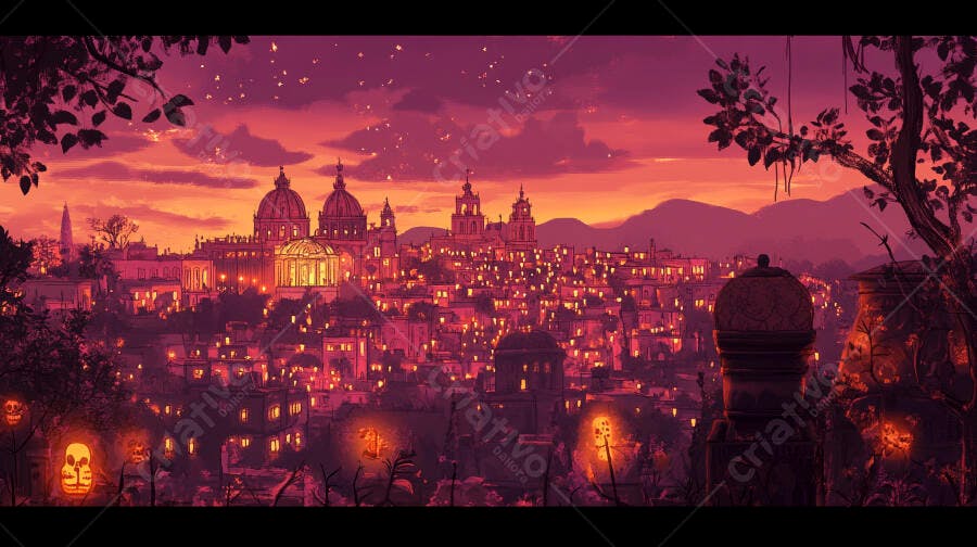 Cidade iluminada ao anoitecer com céu roxo e lanternas de caveira