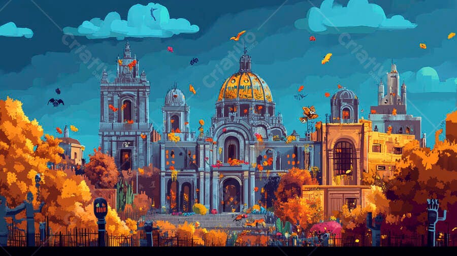 Catedral gótica azul cinza com cúpula dourada e árvores laranjas no outono Halloween