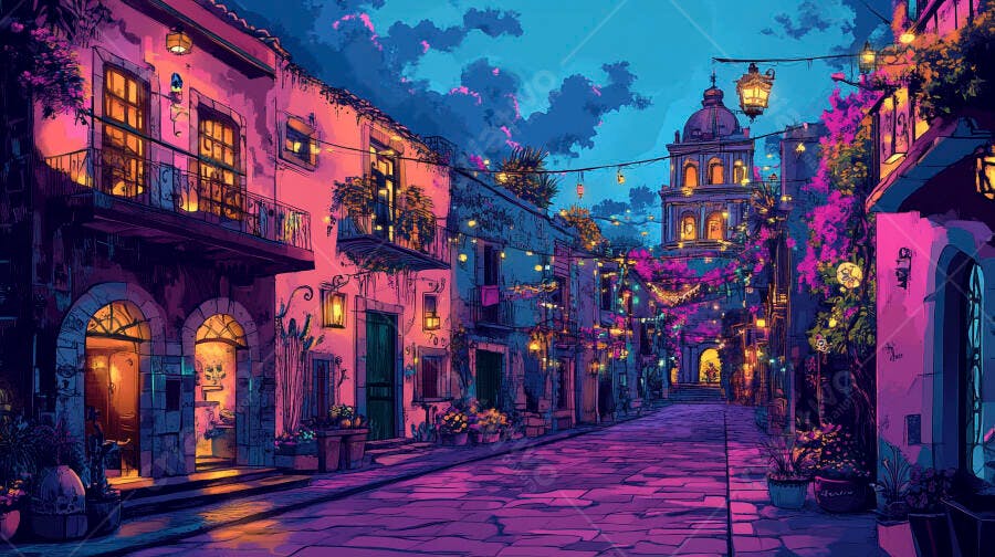 Rua vibrante de cidade antiga iluminada à noite com lanternas roxas e azuis