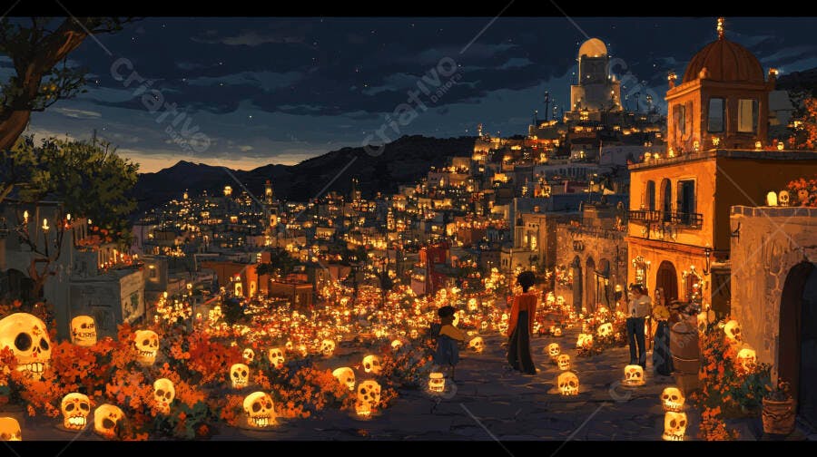 Cidade festiva Dia dos Mortos com caveiras iluminadas à noite
