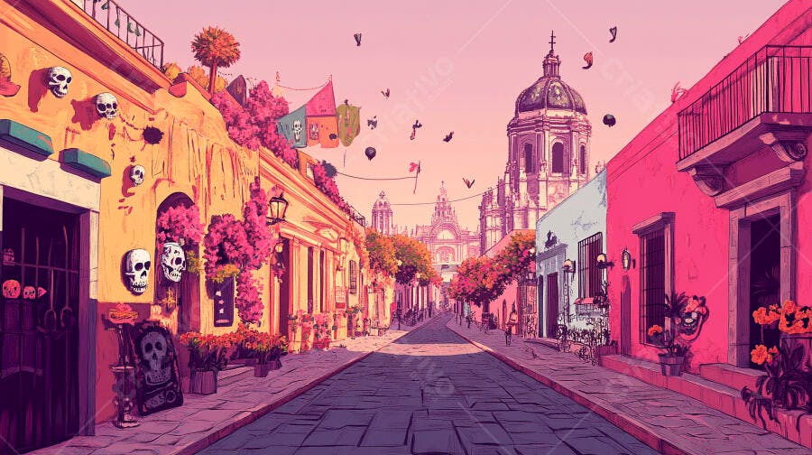 Rua rosa e laranja no México com decorações de caveiras e catedral