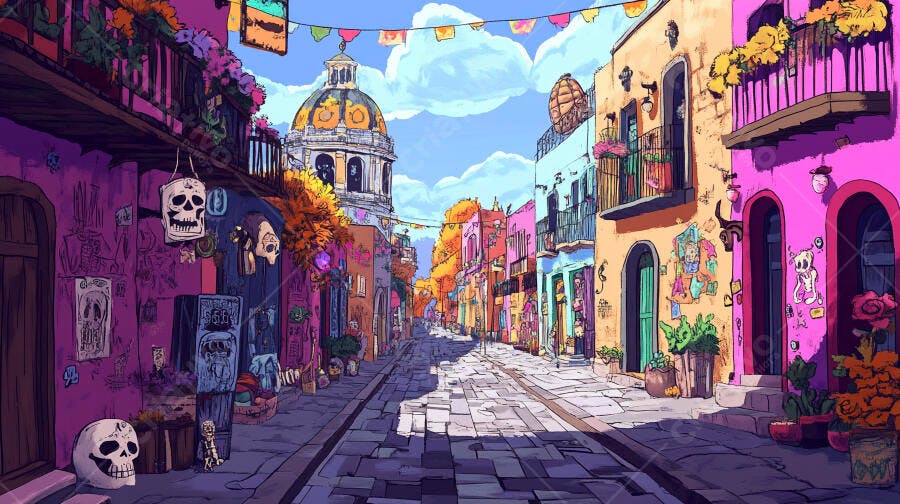 Rua vibrante cidade colonial mexicana com decorações coloridas e cúpula ao fundo