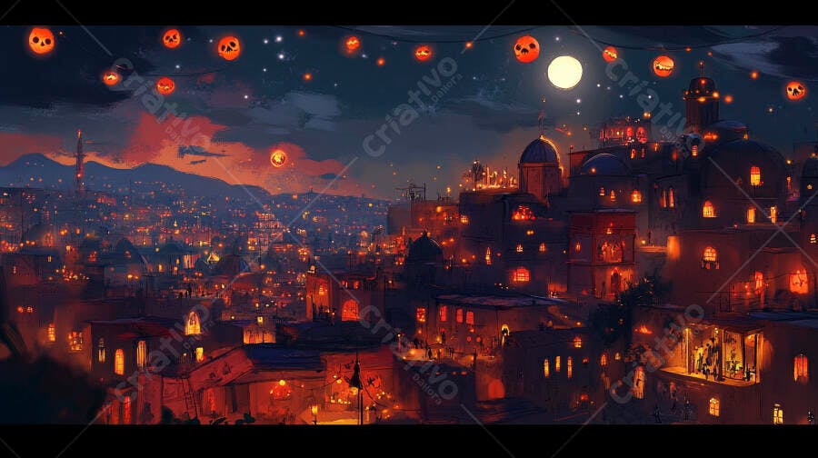 Cidade festiva noturna com lanternas de caveira e lua cheia