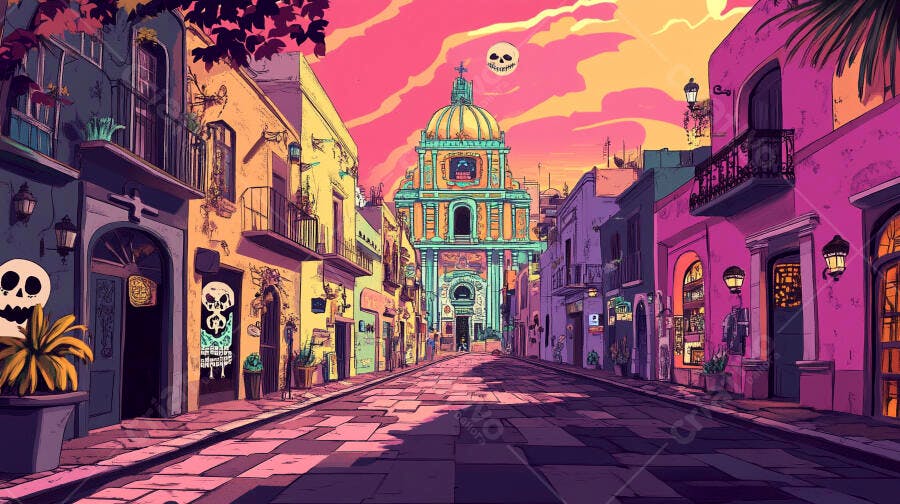 Rua vibrante cidade mexicana calaveras e igreja ao pôr do sol