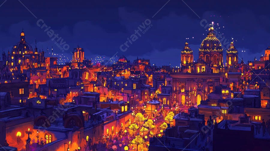 Cidade histórica iluminada à noite com luzes vibrantes e cúpulas majestosas