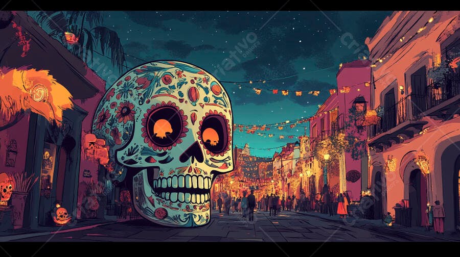 Calavera mexicana gigante em rua festiva do Dia dos Mortos à noite
