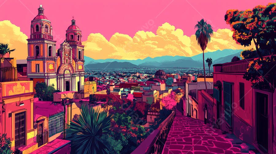 Cidade colorida com igreja histórica e palmeiras ao entardecer vibrante