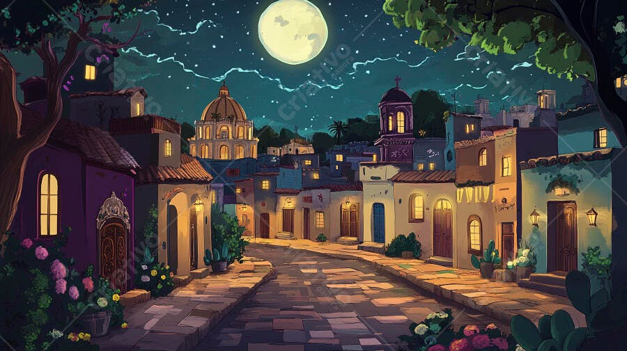 Cidade histórica à noite com lua cheia e arquitetura colorida iluminada