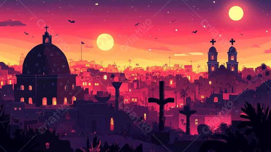 Paisagem urbana mística com igrejas e duas luas ao pôr do sol laranja e roxo