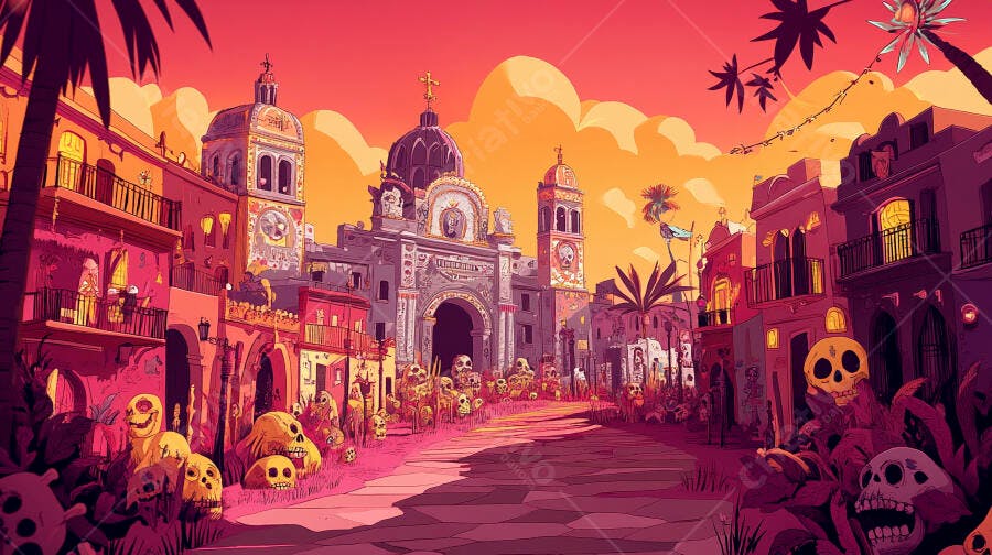 Cidade mexicana colorida com calaveras para Dia de los Muertos
