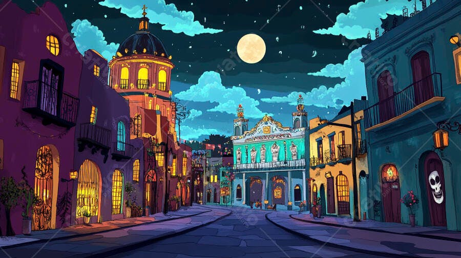 Vila antiga colorida à noite sob lua cheia com luzes aconchegantes