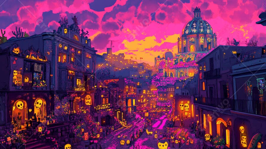 Cidade colorida com caveiras iluminadas em celebração noturna mexicana