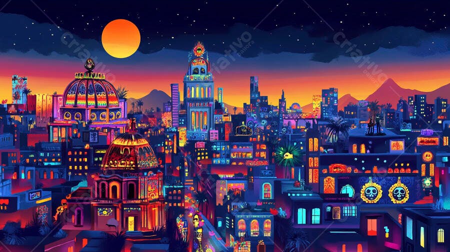 Cidade noturna vibrante com arquitetura colorida sob lua cheia estrelada