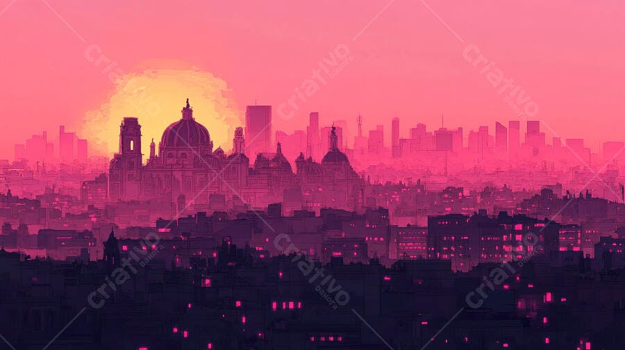 Cidade rosa e roxa ao pôr do sol com skyline de edifícios e cúpula majestosa