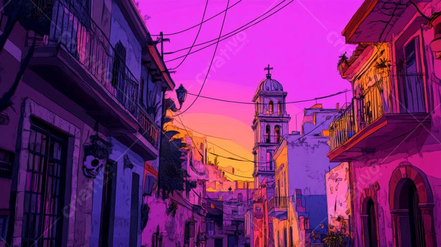 Cidade antiga ilustração com rua vibrante e torre da igreja ao pôr do sol