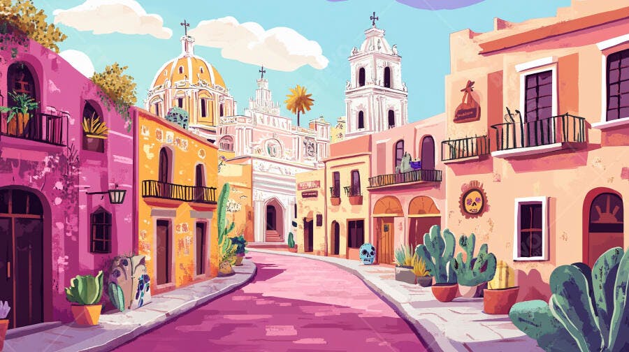 Rua colorida de cidade colonial mexicana com igreja e cactos