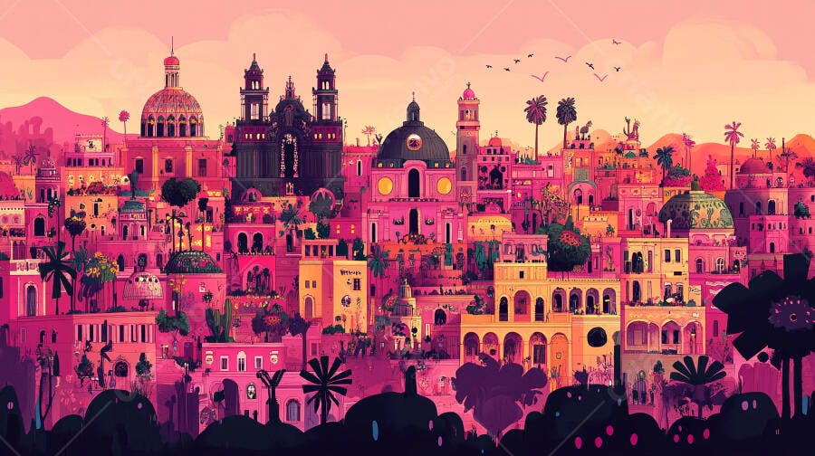 Cidade vibrante rosa e laranja com cúpulas e palmeiras ao entardecer